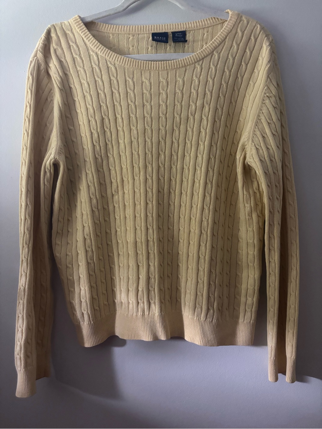 Basic Editions Cream/Baby Yellow Cable Knit Crew Sweater